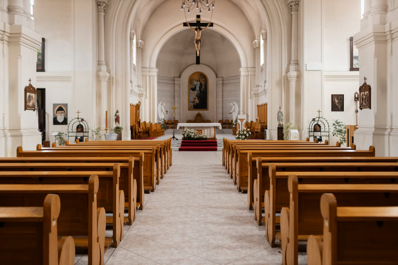 Close-up of worn carpet or stained pew in a worship space